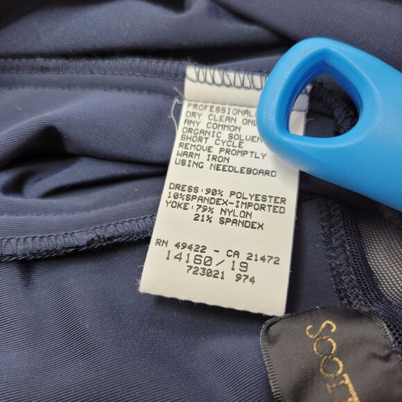 Vintage 90s Y2K Scott McClintock Dress M Blue Velvet Rhinestone Cowl Back Mesh - Picture 12 of 16